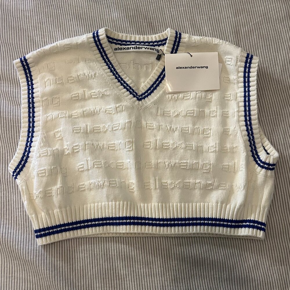 Alexander Wang White Knit Logo Cropped Sweater Vest with Blue Trim